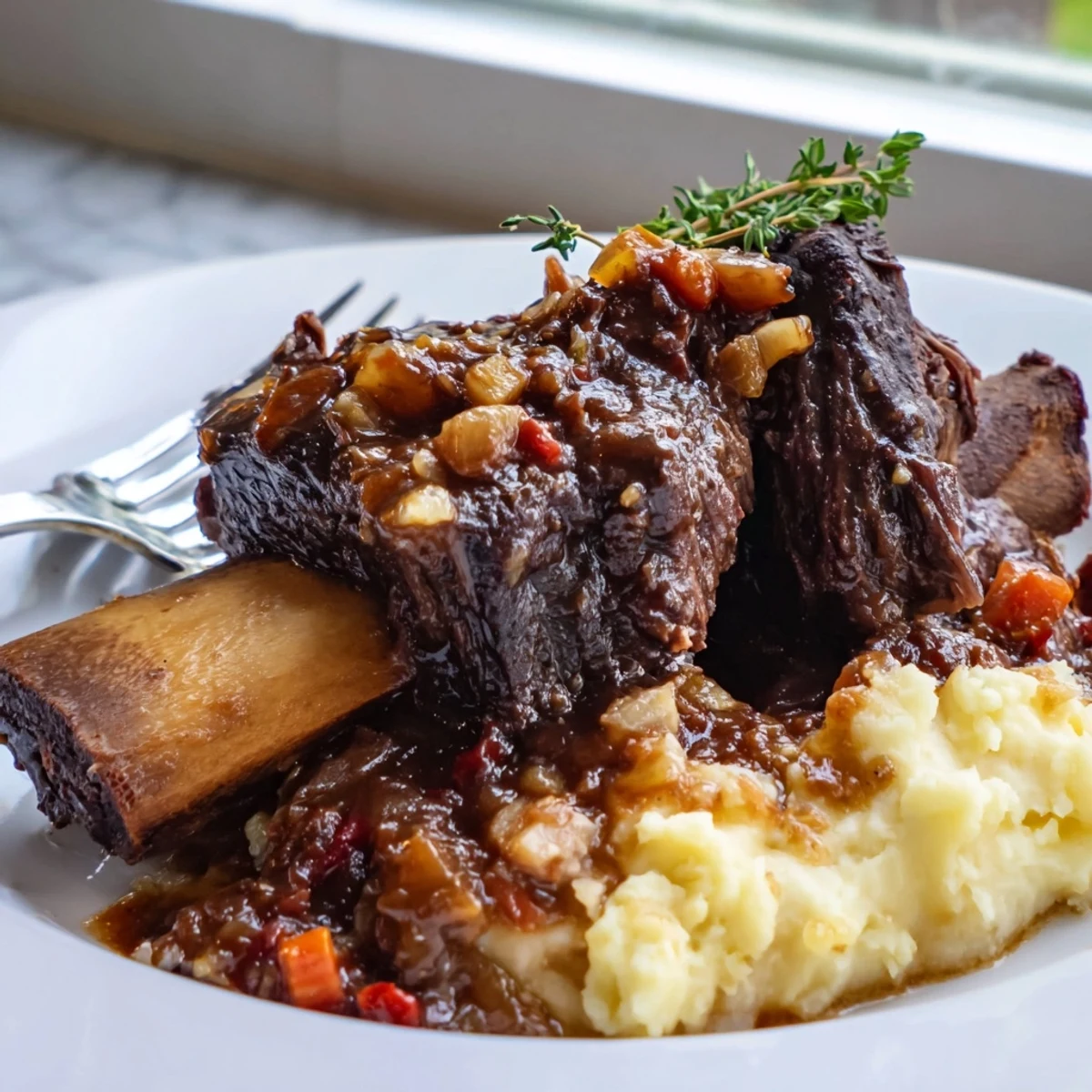 Fall-off-the-bone oven braised beef short ribs nestled over creamy mashed potatoes