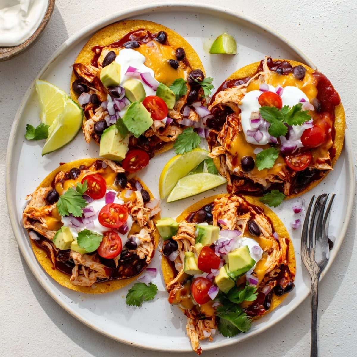 Crispy sweet smoky BBQ chicken tostadas loaded with melted cheese and fresh avocado