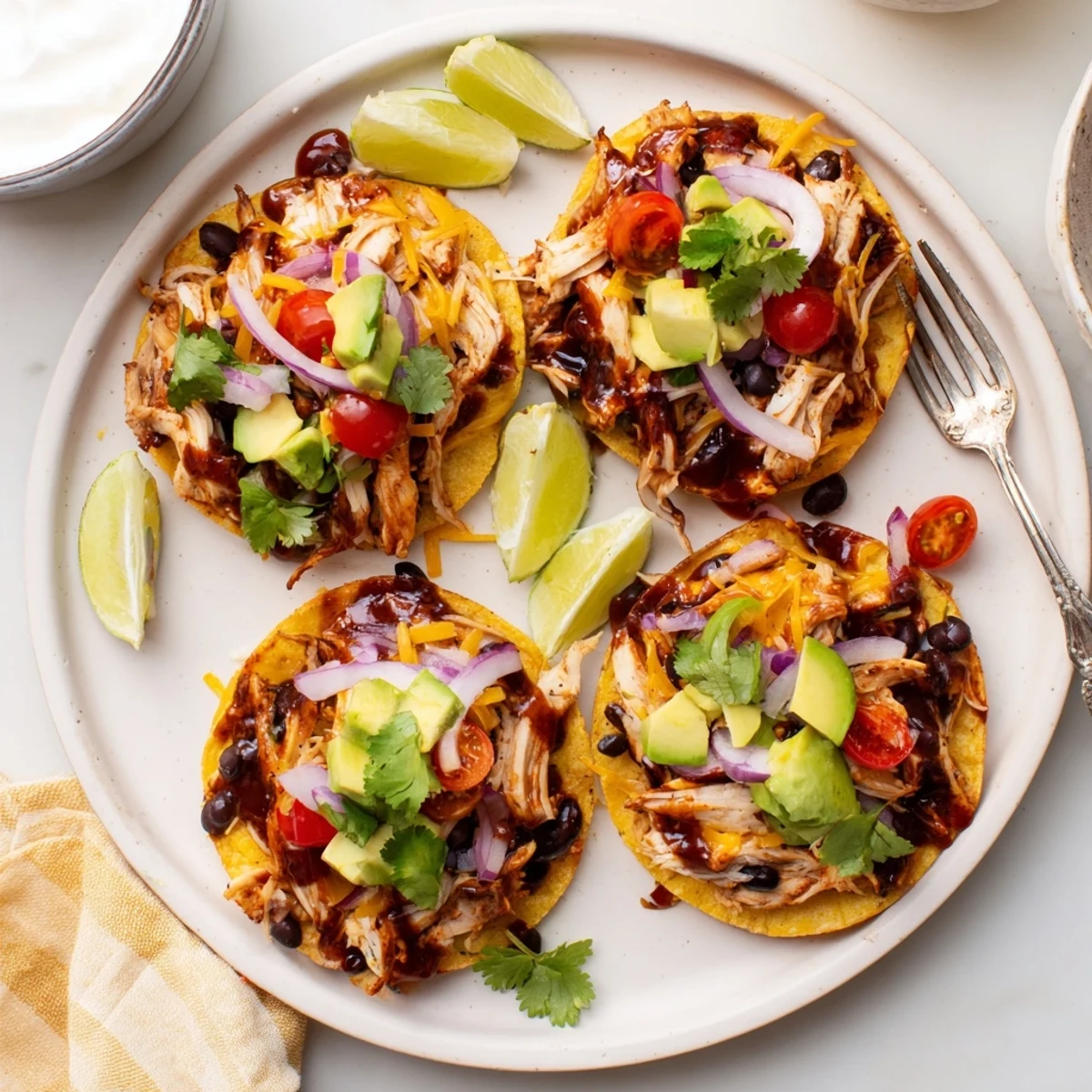 Golden tostada shells piled high with saucy BBQ chicken and colorful veggie toppings