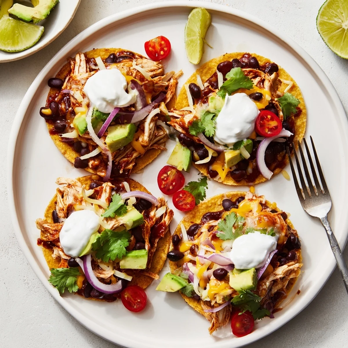 Warm sweet smoky BBQ chicken tostadas garnished with cilantro sour cream and lime wedges