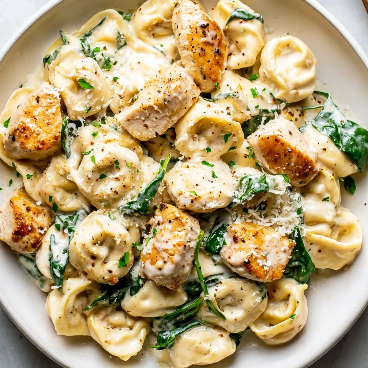 Golden chicken and cheese tortellini tossed with fresh spinach in creamy garlic Parmesan sauce