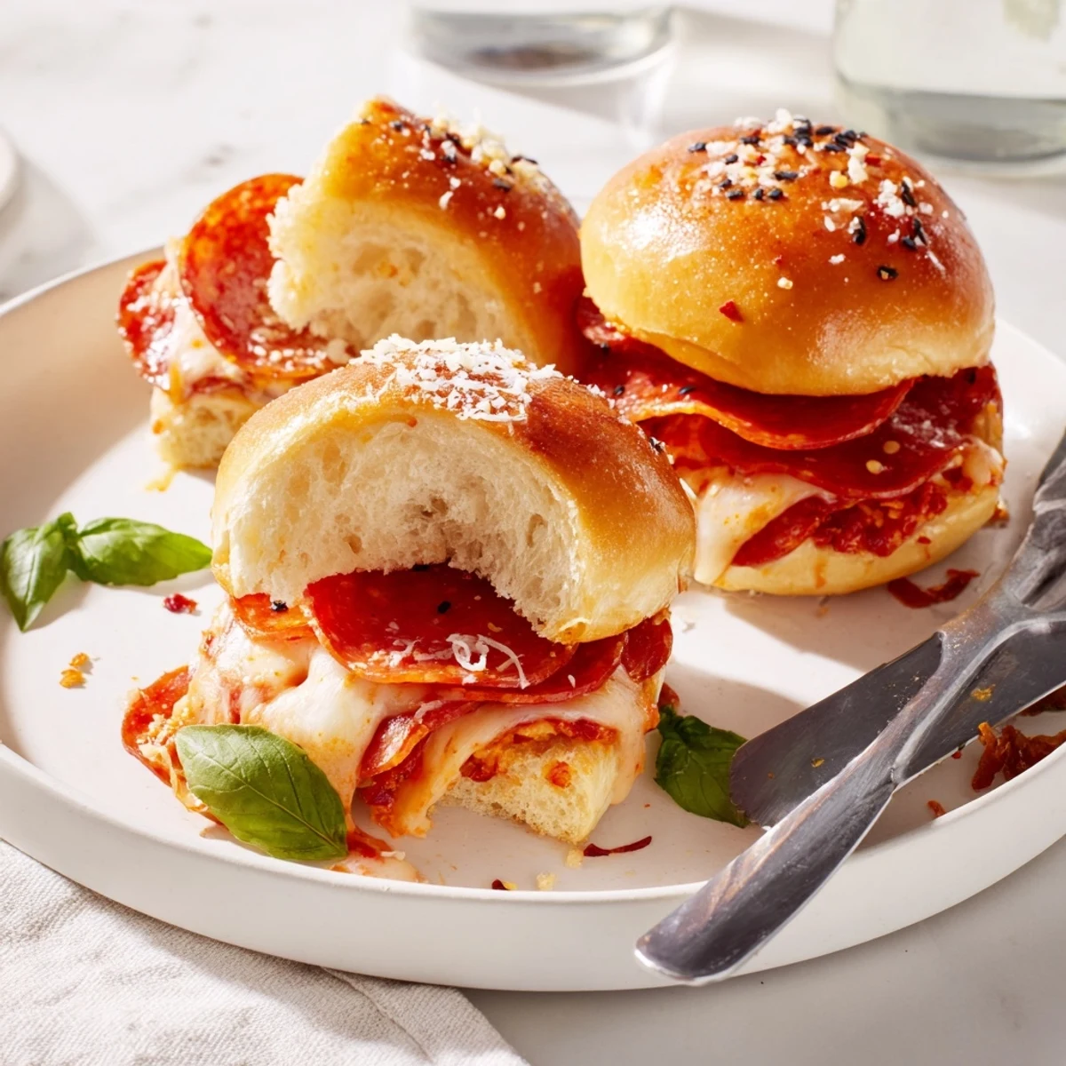 Hot honey pepperoni pizza sliders pulled apart revealing melted cheese and tangy sauce