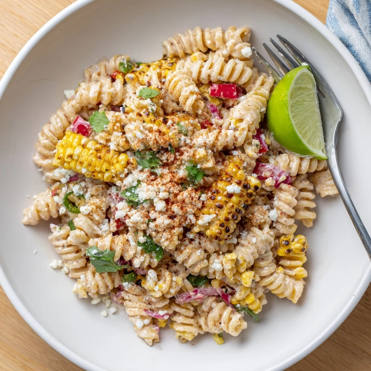 Creamy Elote Street Corn Pasta Salad topped with crumbled Cotija and fresh cilantro