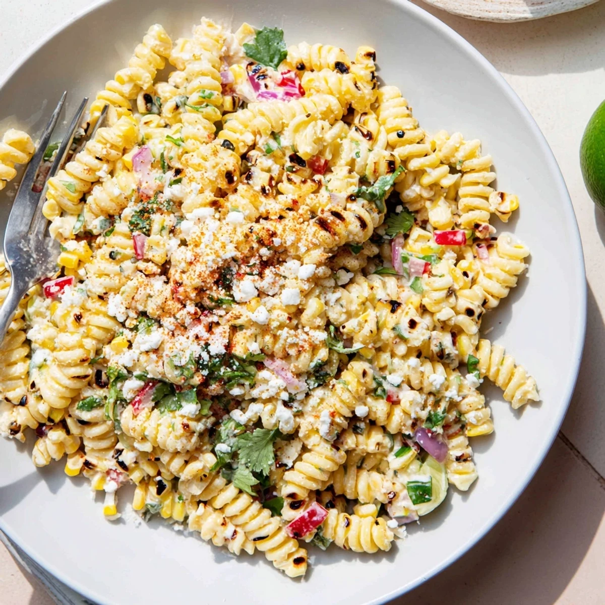 Vibrant Elote Street Corn Pasta Salad served in a bowl with lime wedges alongside