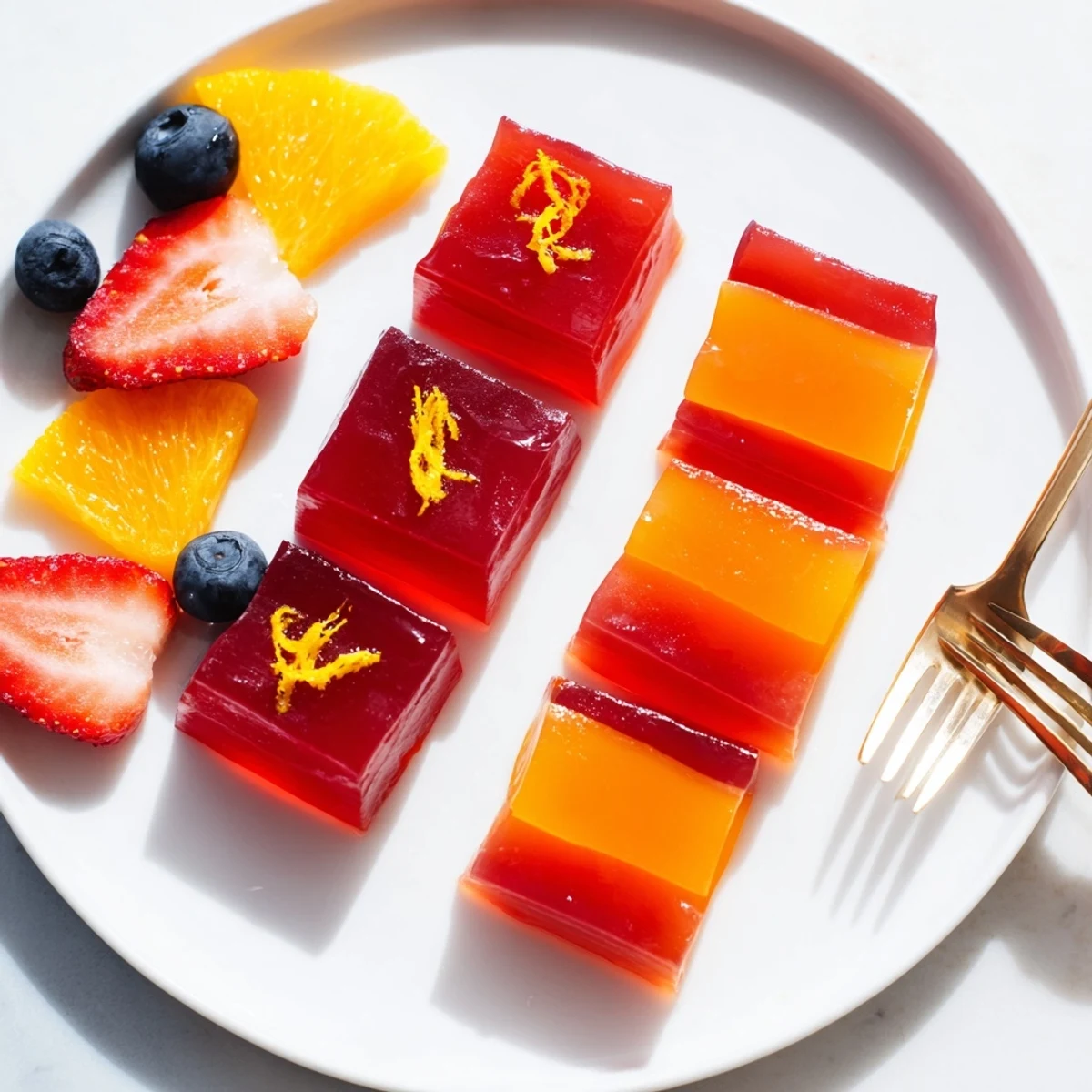 Homemade collagen fruit jellies cut into jewel-toned squares arranged on a clean white plate