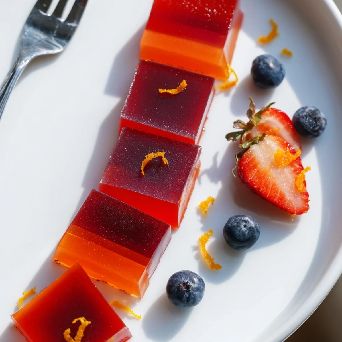 Colorful collagen fruit jellies glistening in silicone molds with fresh berry garnish on top