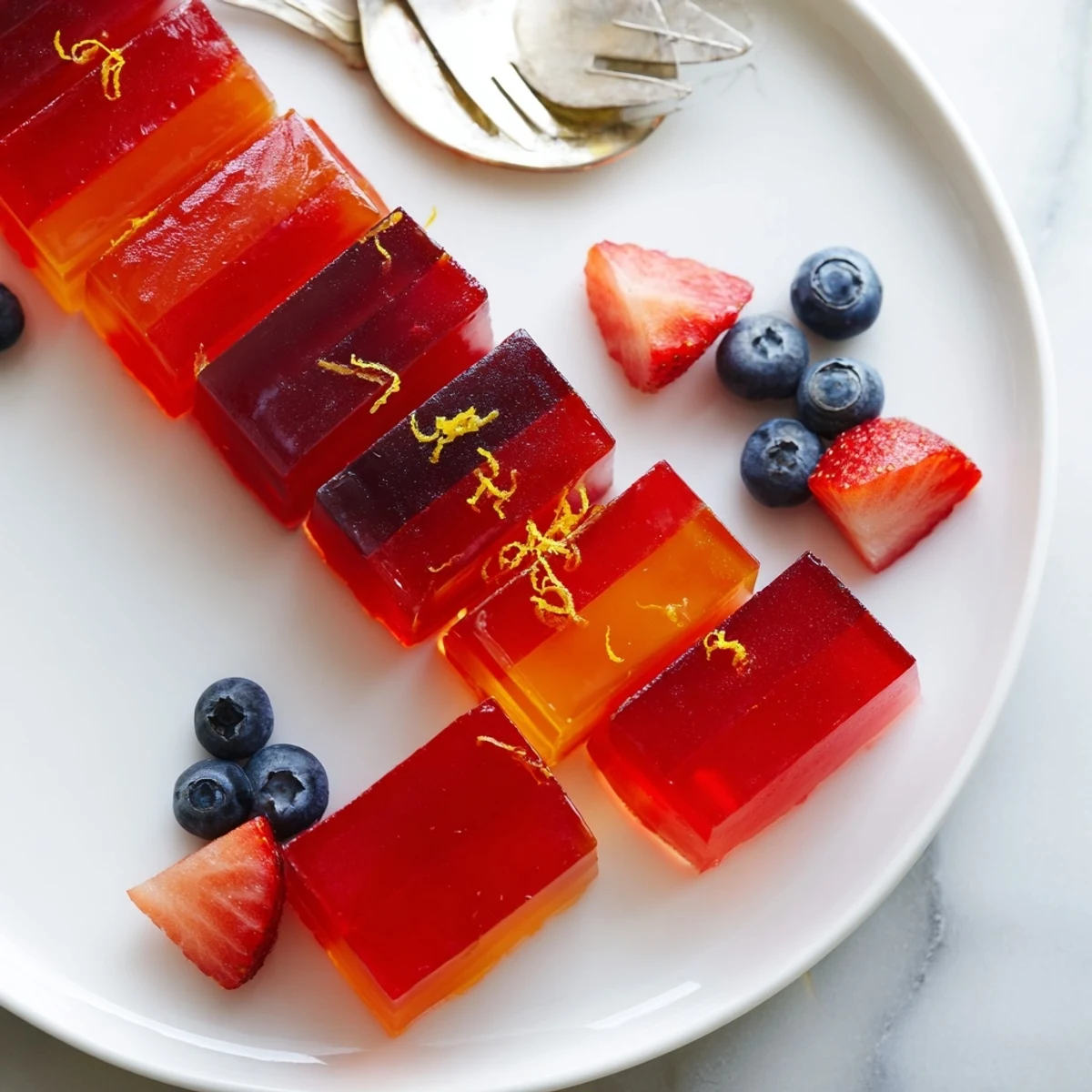 Translucent collagen fruit jellies with suspended citrus zest chilling in a refrigerated glass dish