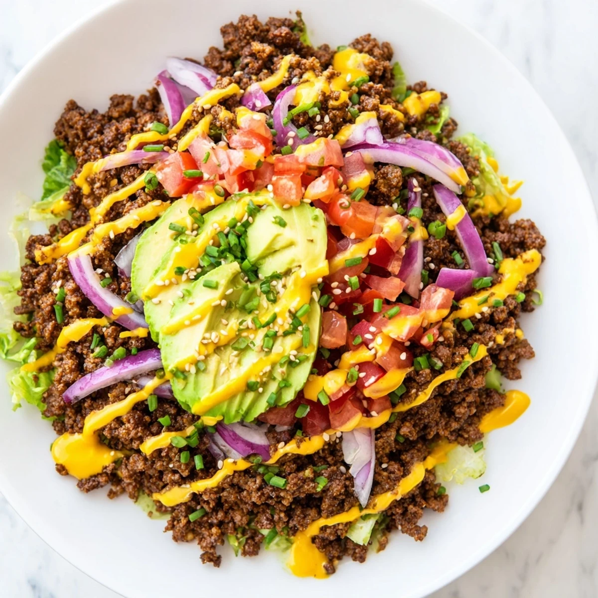 Colorful burger bowls featuring browned ground beef, avocado slices, and crisp lettuce