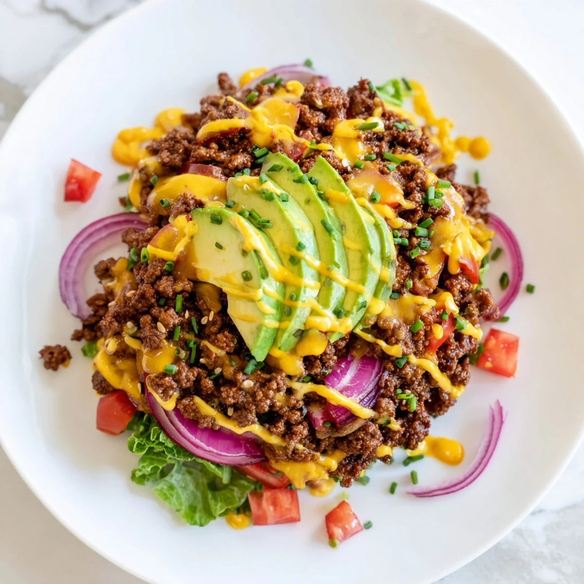 Hearty burger bowls topped with tangy sauce, shredded cheese, and ripe avocado