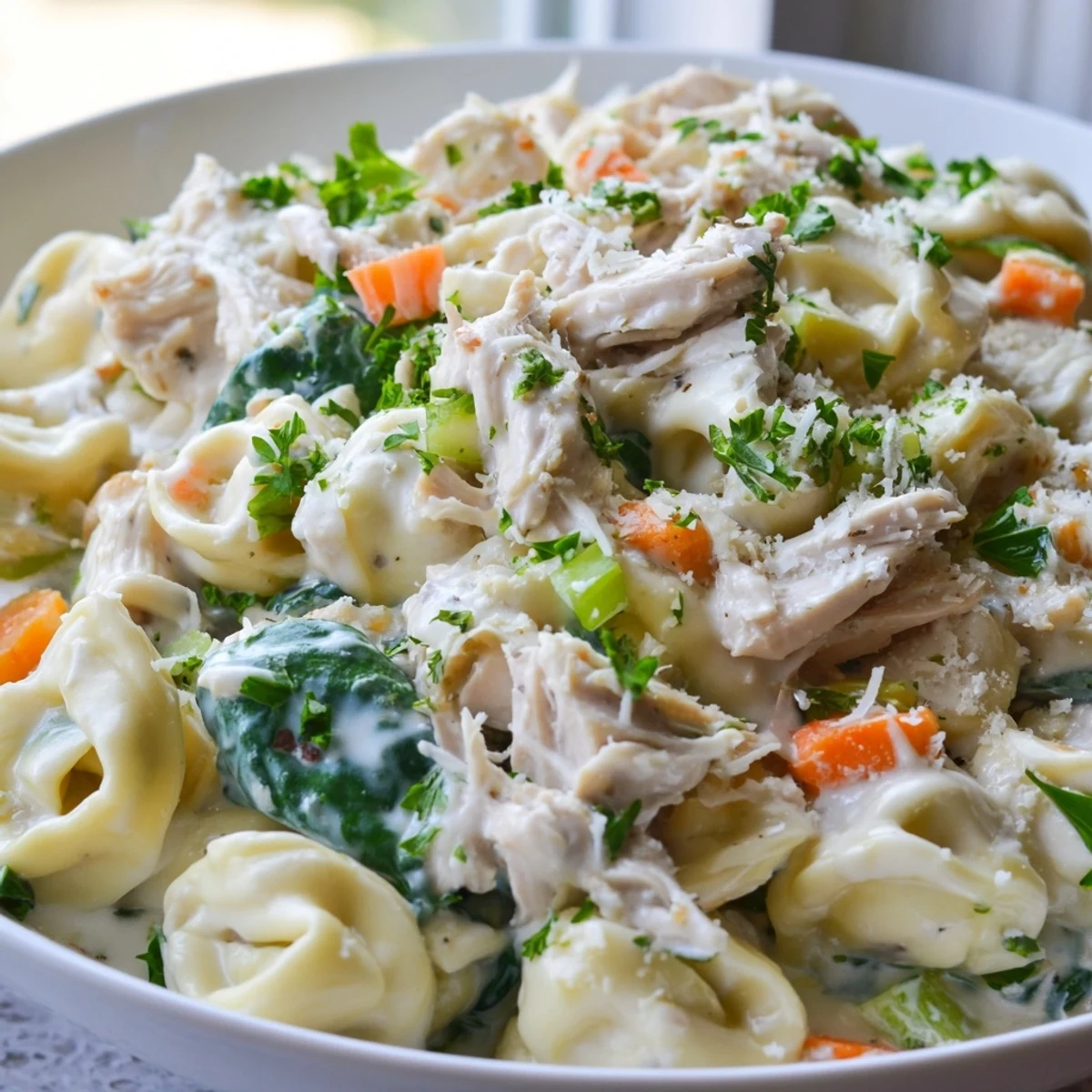 Creamy Crockpot Chicken Tortellini served in a rustic bowl with fresh parsley garnish