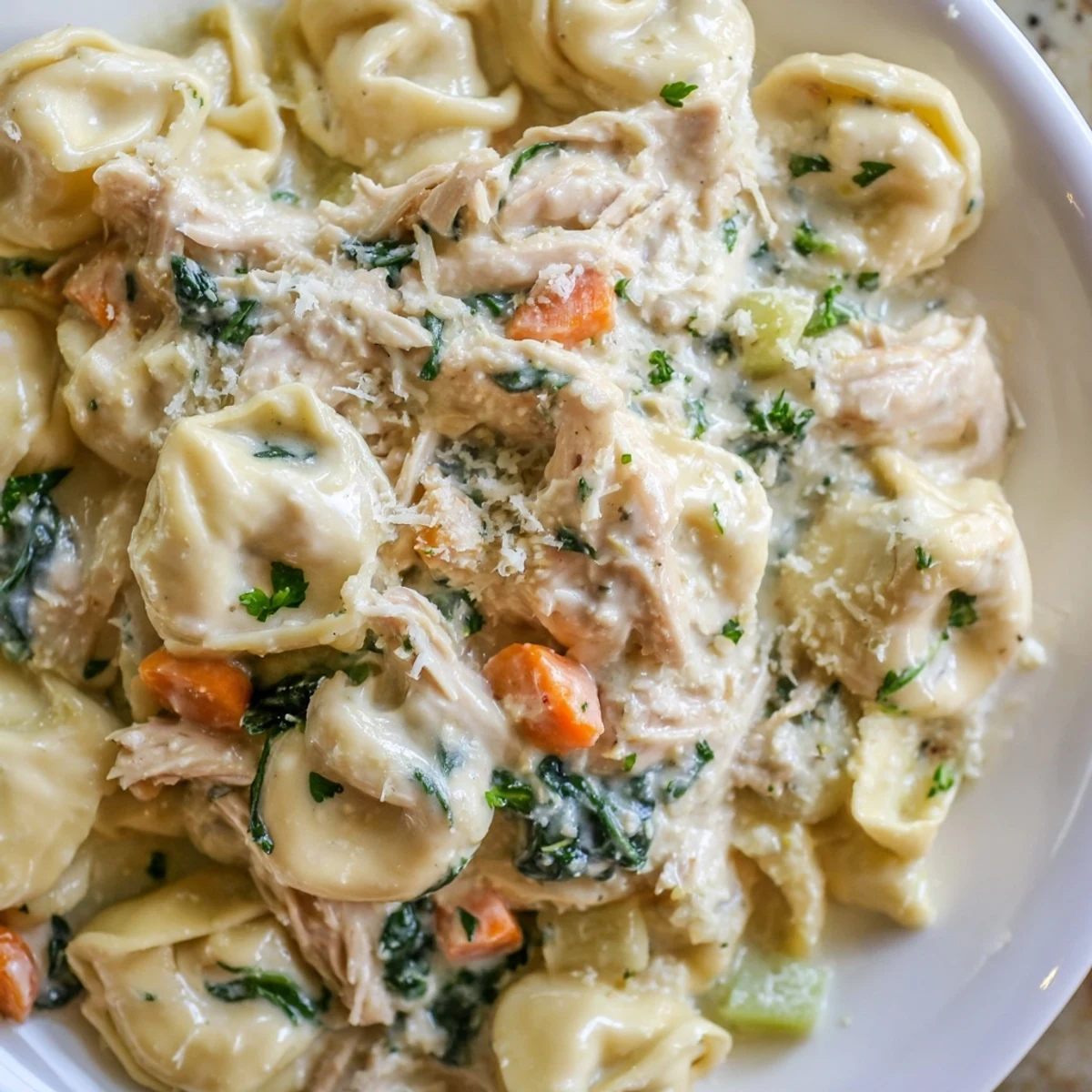 Steaming bowl of Crockpot Chicken Tortellini with tender chicken and vibrant baby spinach