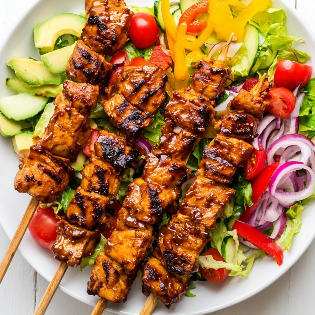 Juicy BBQ chicken skewers resting on a bed of crisp, colorful summer salad greens