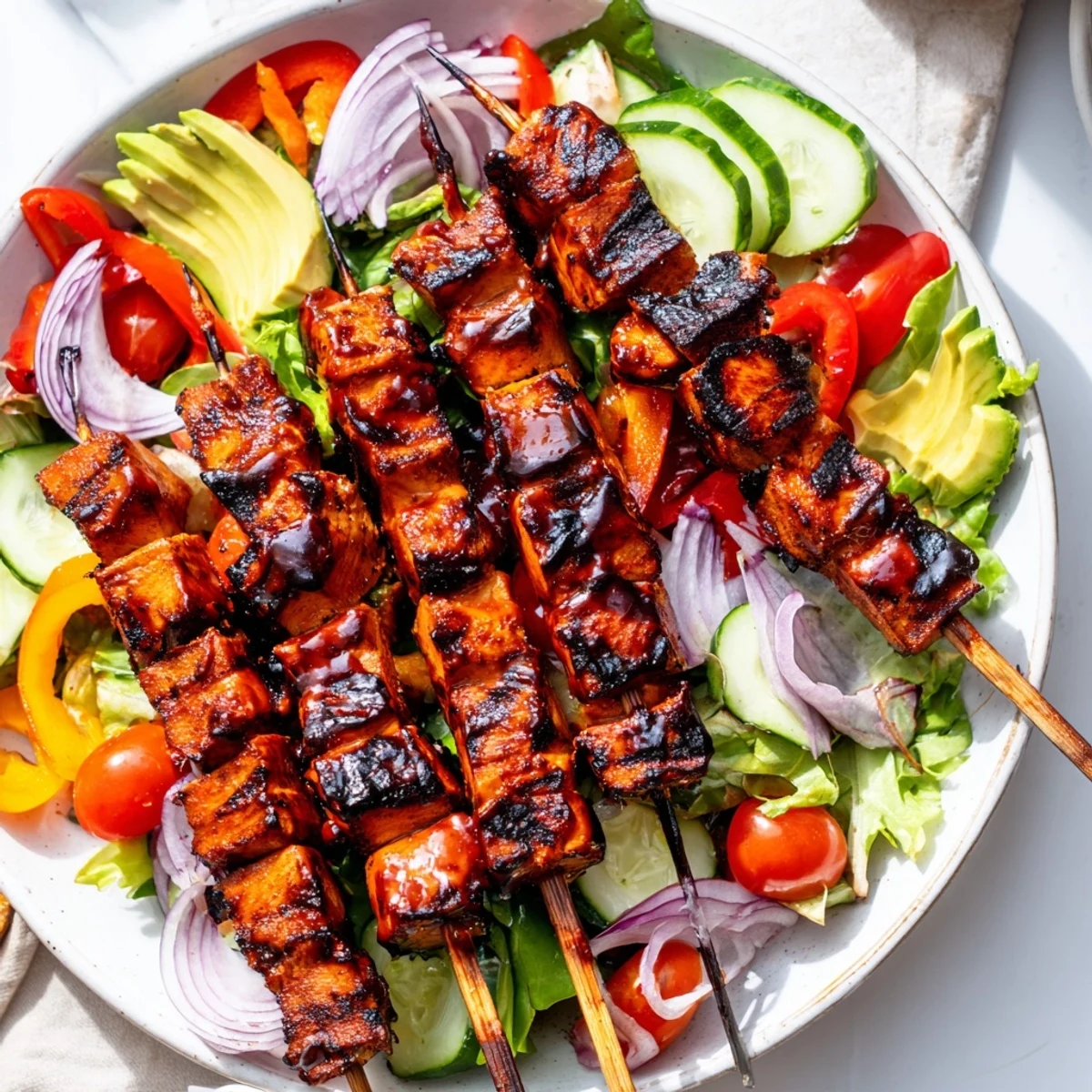 Charred BBQ chicken skewers served atop a vibrant garden salad with creamy avocado slices