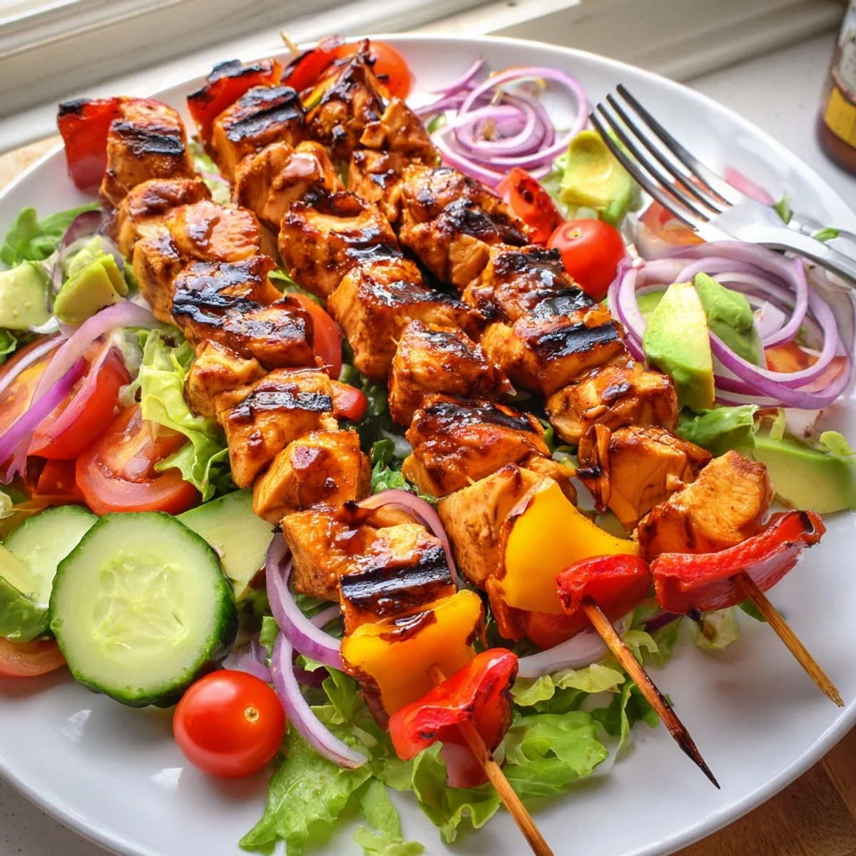 Smoky grilled BBQ chicken skewers arranged over fresh vegetables with a tangy vinaigrette drizzle