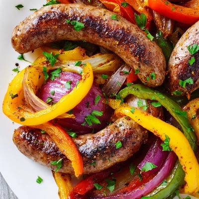 Oven-roasted Sheet Pan Sausage and Peppers feature caramelized onions, tender peppers, and juicy sausages, perfect for serving in crusty hoagie rolls. 