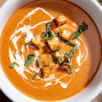 A bowl of Creamy Tomato Basil Bisque with Croutons paired with a grilled cheese sandwich for dipping.
