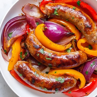 Sizzling Sheet Pan Beef Sausage and Peppers with Onions tossed with oregano, served over fluffy white rice.