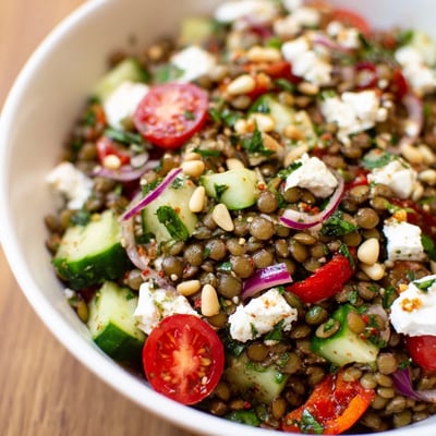 Freshly tossed Mediterranean Lentil Salad with crumbled feta, cherry tomatoes, and cucumber on a rustic plate.
