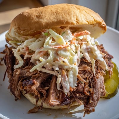 A platter of delicious Slow Cooked Pulled Beef Sandwiches, featuring juicy shredded beef and crisp slaw toppings.