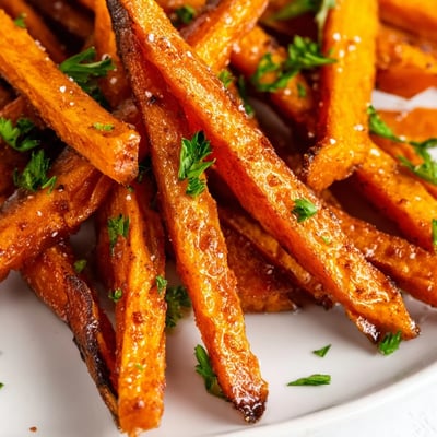 A close-up of Oven Baked Sweet Potato Fries with a light dusting of smoked paprika and salt