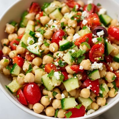 A beautiful bowl of Mediterranean Chickpea Salad features cucumber, tomatoes, and zesty lemon dressing.