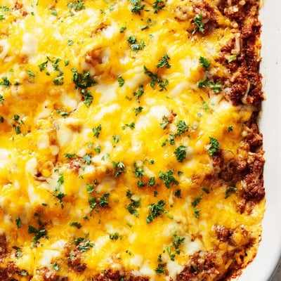 A close up of Ground Beef Casserole with Cauliflower Rice showing savory beef and creamy cheese texture.