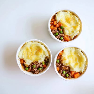 A close-up view of a Mini Shepherds Pie revealing tender carrots and peas in rich gravy under fluffy potatoes.
