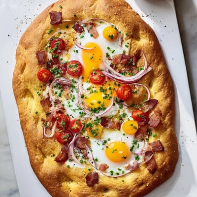 Golden-brown Breakfast Focaccia with baked eggs, bacon bits, and tomatoes on an olive oil drizzle.  