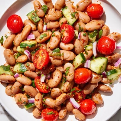 Zesty lime dressing coats this fresh pinto bean salad with diced bell peppers