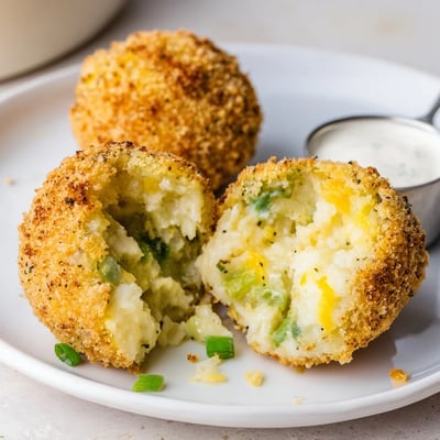 Platter of Fried Mashed Potato Balls steaming hot, cheddar and scallion flecks  