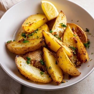 Oven-roasted Authentic Greek Lemon Potatoes Recipe served hot, garlicky, herb-scented