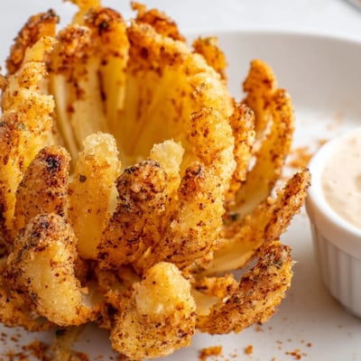 Crispy Mini Bloomin Onions served warm on platter, crackling coating and tangy sauce