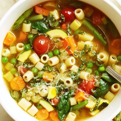 Warm, vegetable-studded broth invites spoonfuls of Spring Minestrone Soup Recipe.
