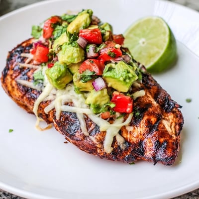Grilled Fiesta Lime Chicken With Avocado plated with melted cheese and fresh cilantro