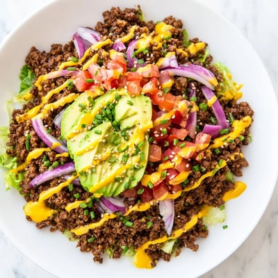 Colorful burger bowls featuring browned ground beef, avocado slices, and crisp lettuce